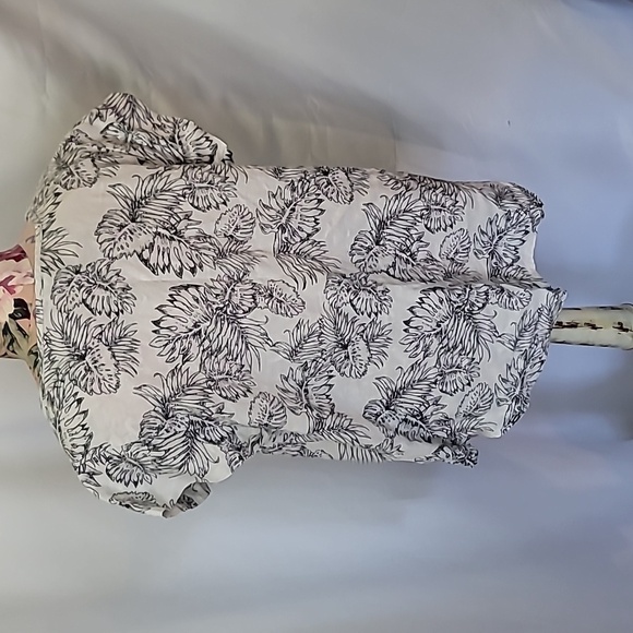 ANNE CARSON Linen Bamboo Rayon Palm Leaf Large Neutral Print Flutter Cap Sleeve - Picture 5 of 7